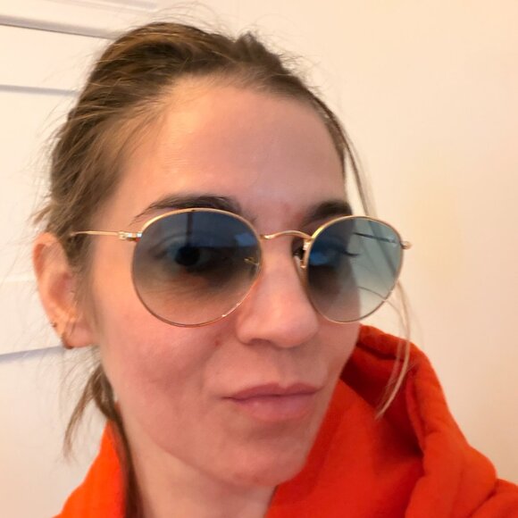 100% Authentic Ray-Ban Sunglasses- Blue Lenses with Gold Round Frames